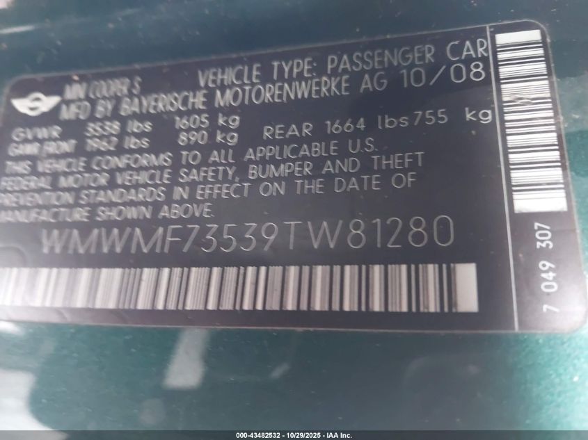 2009 Mini Cooper S VIN: WMWMF73539TW81280 Lot: 43482532