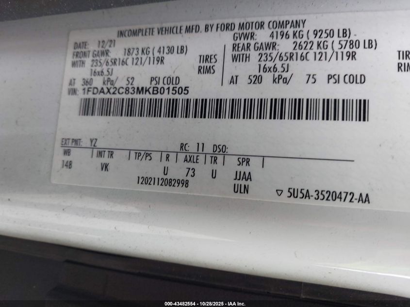 2021 Ford Transit-350 Passenger Van Xl VIN: 1FDAX2C83MKB01505 Lot: 43482554