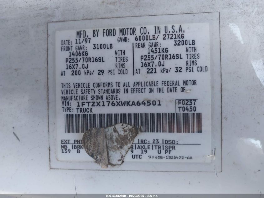 1998 Ford F-150 Lariat/Standard/Xl/Xlt VIN: 1FTZX176XWKA64501 Lot: 43482590