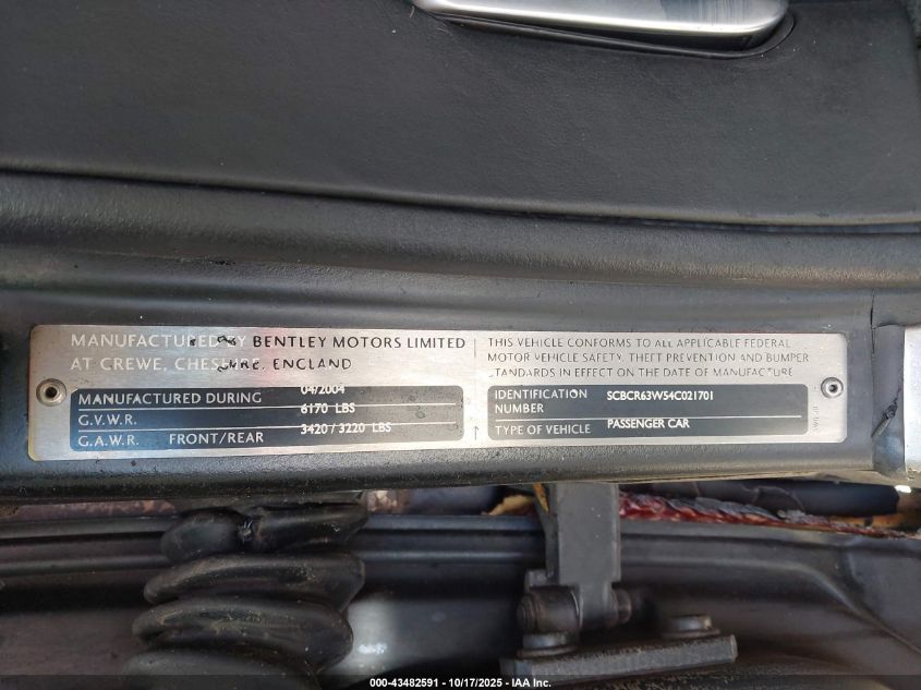 2004 Bentley Continental Gt VIN: SCBCR63W54C021701 Lot: 43482591