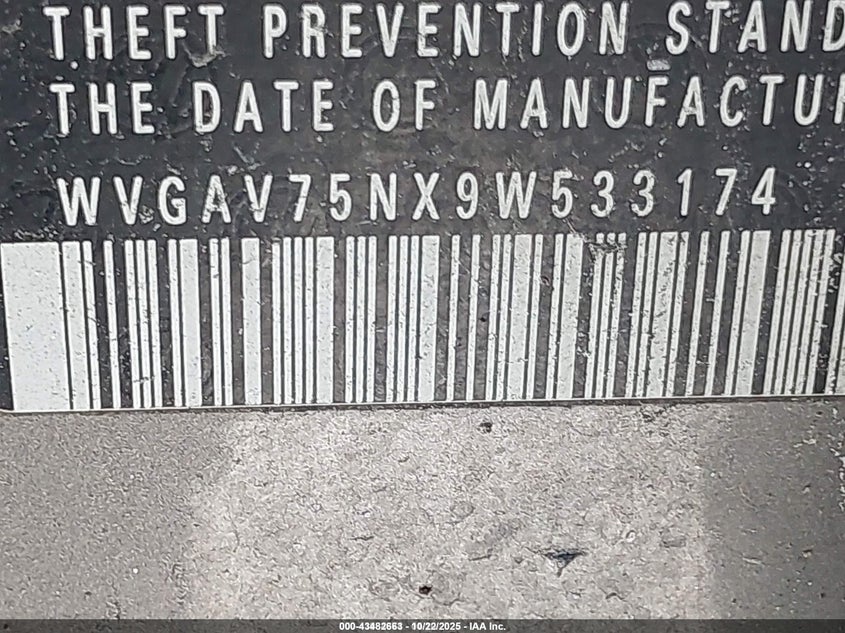 2009 Volkswagen Tiguan Se VIN: WVGAV75NX9W533174 Lot: 43482663