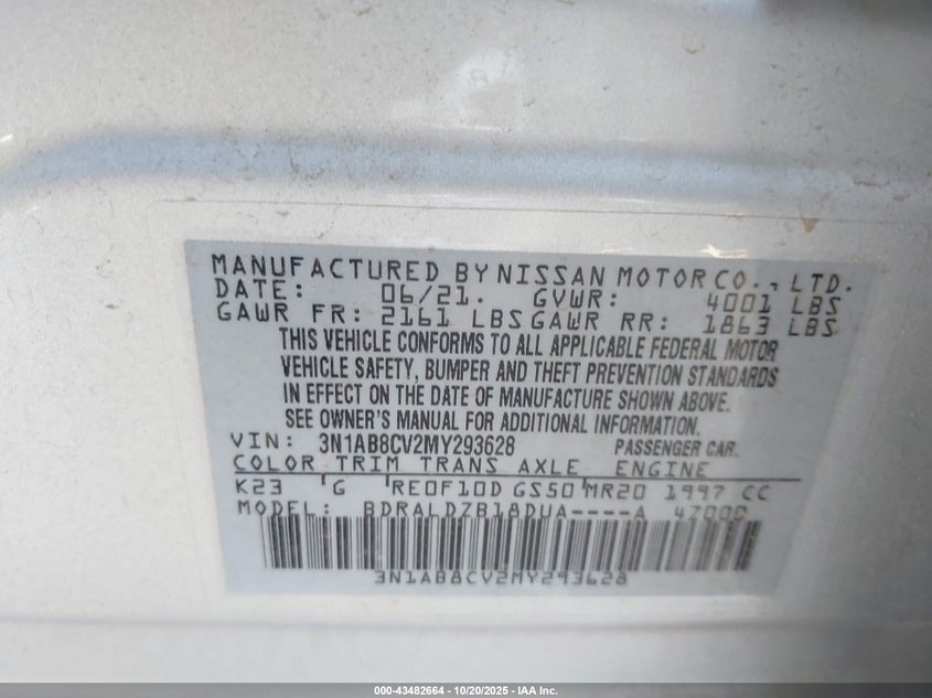 2021 NISSAN SENTRA SV XTRONIC CVT 3N1AB8CV2MY293628