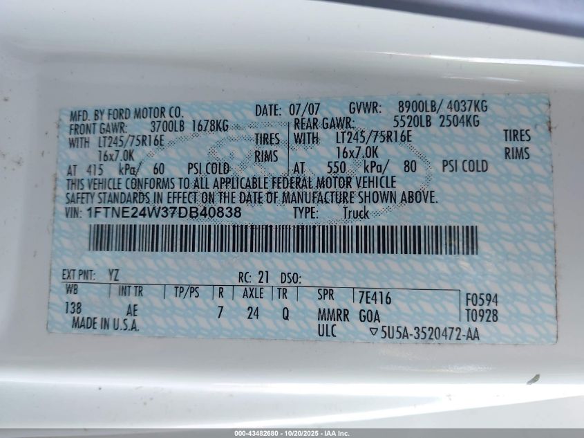 2007 Ford E-250 Commercial/Recreational VIN: 1FTNE24W37DB40838 Lot: 43482680