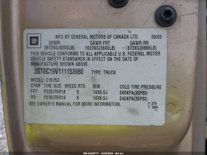 2001 GMC Sierra 1500 Sle VIN: 2GTEC19V111153980 Lot: 43482717