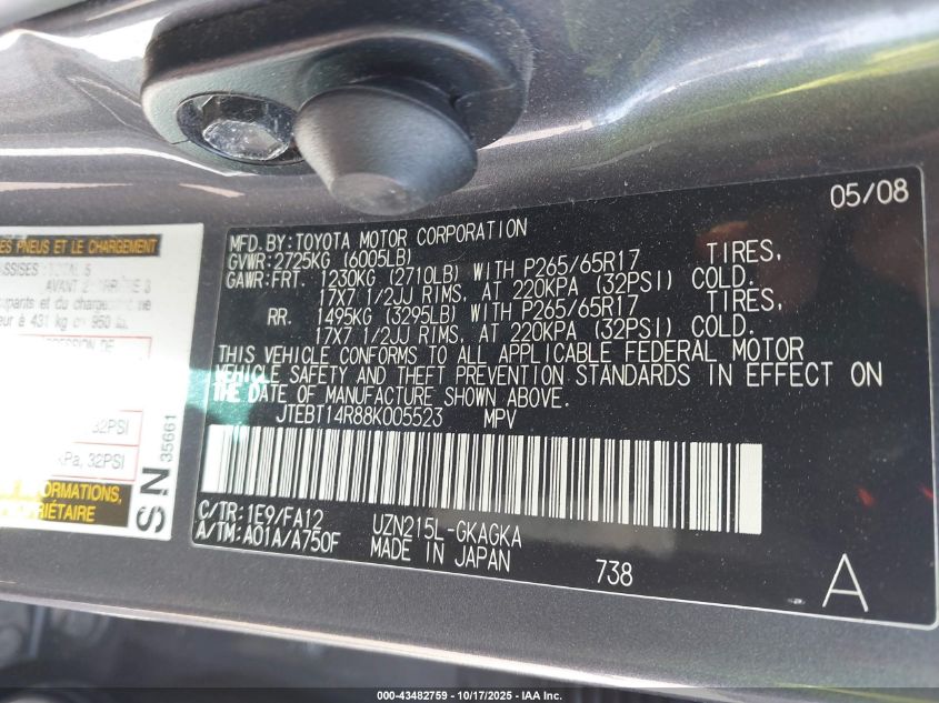 2008 Toyota 4Runner Sr5 V8 VIN: JTEBT14R88K005523 Lot: 43482759