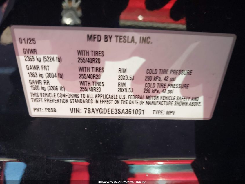 2025 Tesla Model Y Long Range Dual Motor All-Wheel Drive VIN: 7SAYGDEE3SA361091 Lot: 43482775