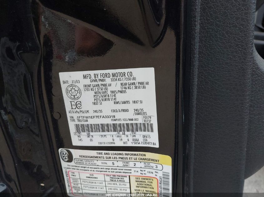 2014 Ford F-150 Xlt VIN: 1FTFW1EF7EFA33318 Lot: 43482809