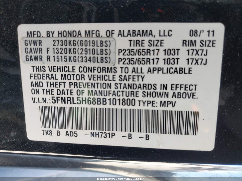 5FNRL5H68BB101800 2011 HONDA ODYSSEY photo no. 9