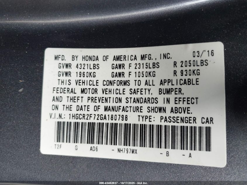 2016 Honda Accord Ex VIN: 1HGCR2F72GA180798 Lot: 43482837