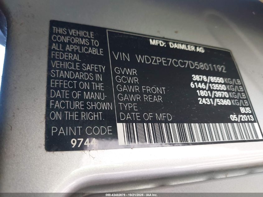 2013 Mercedes-Benz Sprinter 2500 Normal Roof VIN: WDZPE7CC7D5801192 Lot: 43482875