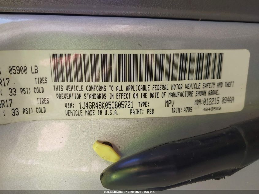 2005 Jeep Grand Cherokee Laredo VIN: 1J4GR48K05C605721 Lot: 43482883