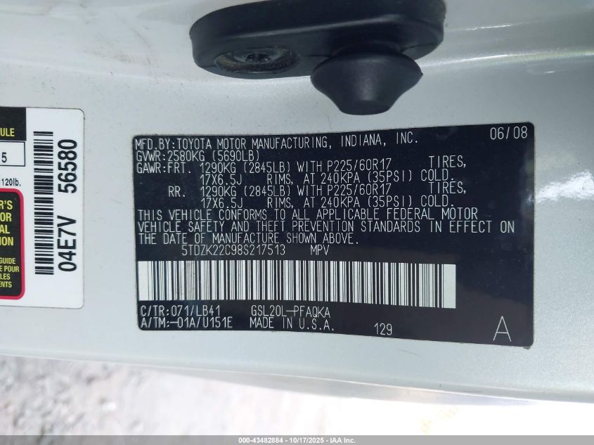 2008 Toyota Sienna Limited VIN: 5TDZK22C98S217513 Lot: 43482884