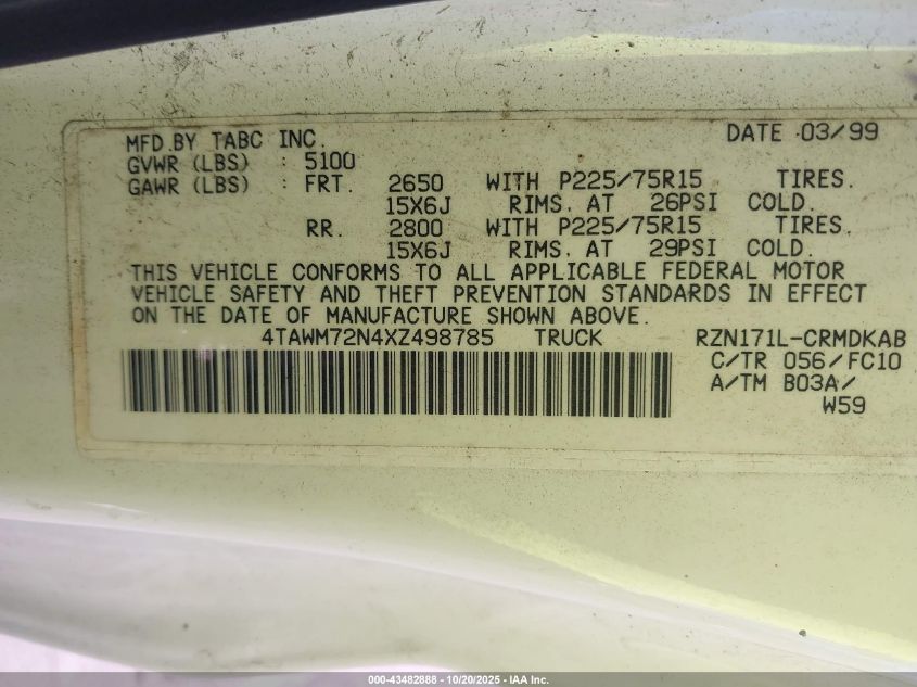 1999 Toyota Tacoma VIN: 4TAWM72N4XZ498785 Lot: 43482888