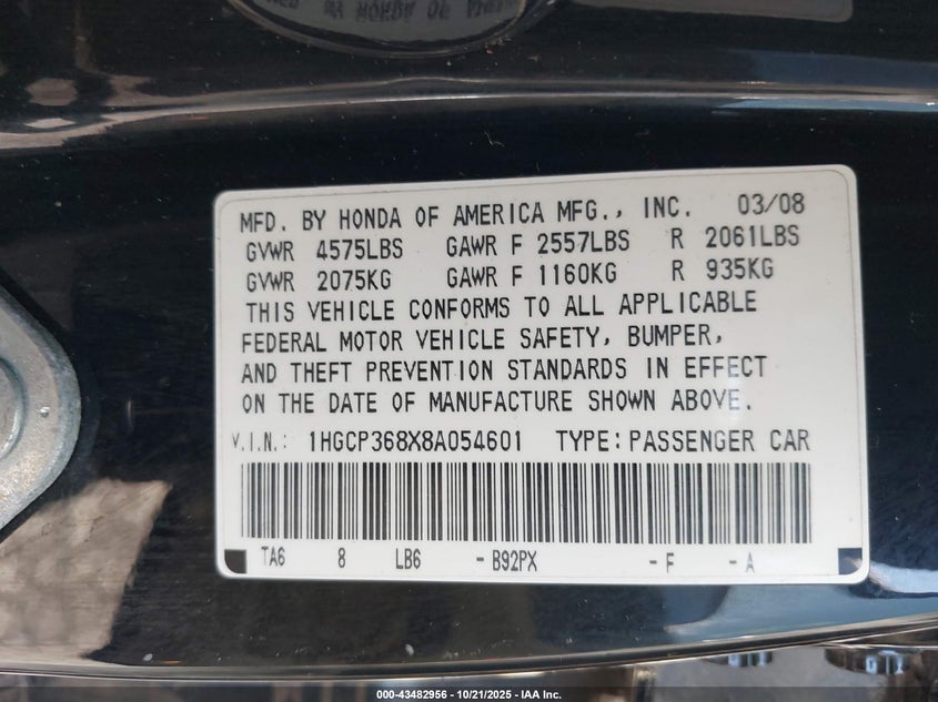 1HGCP368X8A054601 2008 HONDA ACCORD photo no. 9