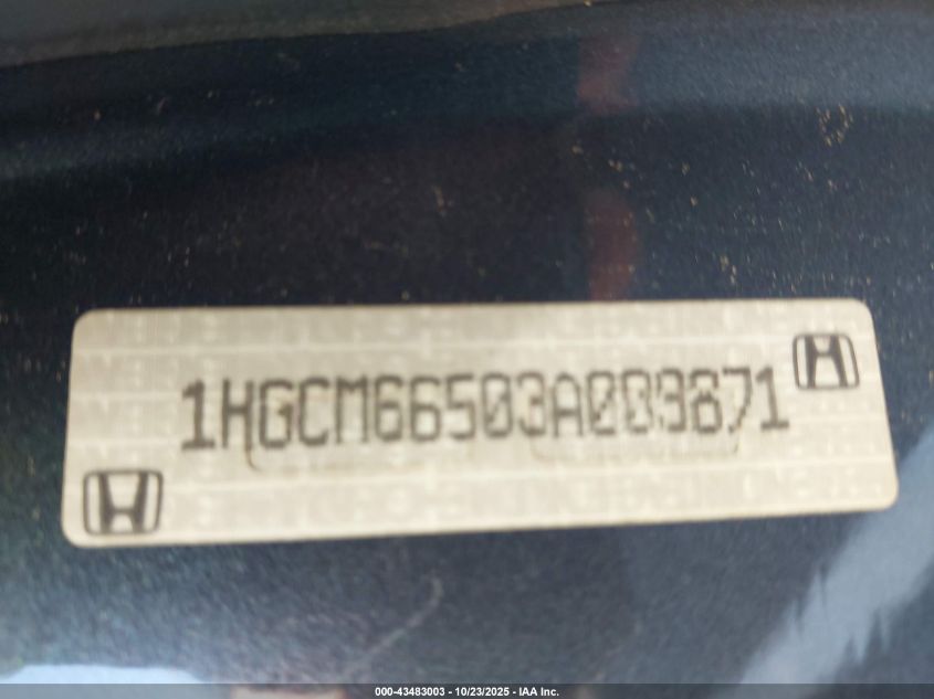 2003 Honda Accord 3.0 Ex VIN: 1HGCM66503A009871 Lot: 43483003