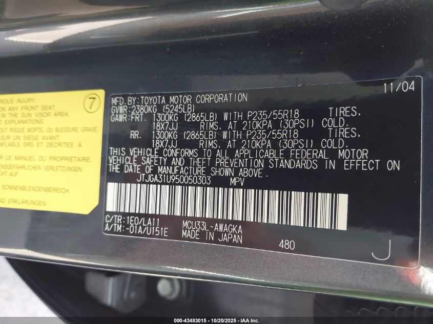 2005 Lexus Rx 330 VIN: JTJGA31U950050303 Lot: 43483015