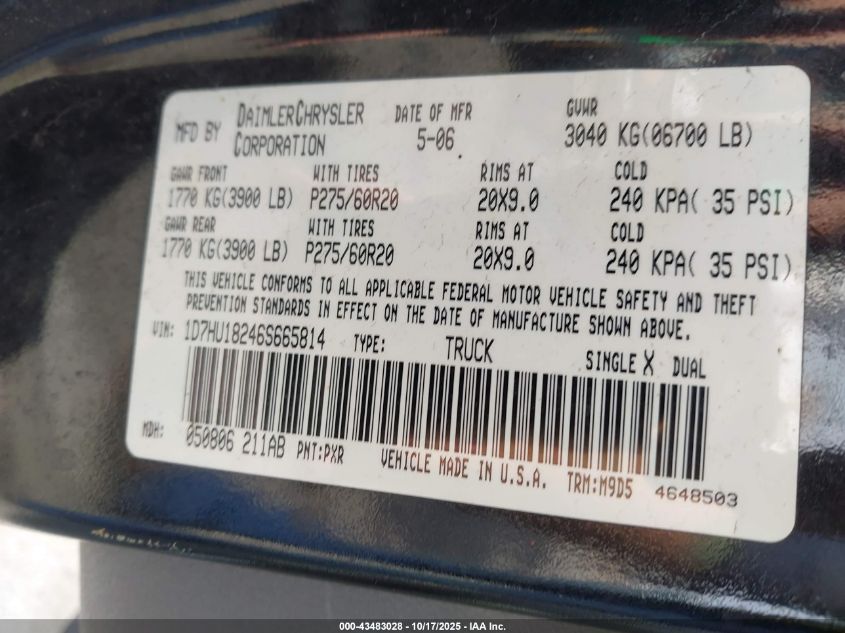 2006 Dodge Ram 1500 Slt/Trx4 Off Road/Sport VIN: 1D7HU18246S665814 Lot: 43483028