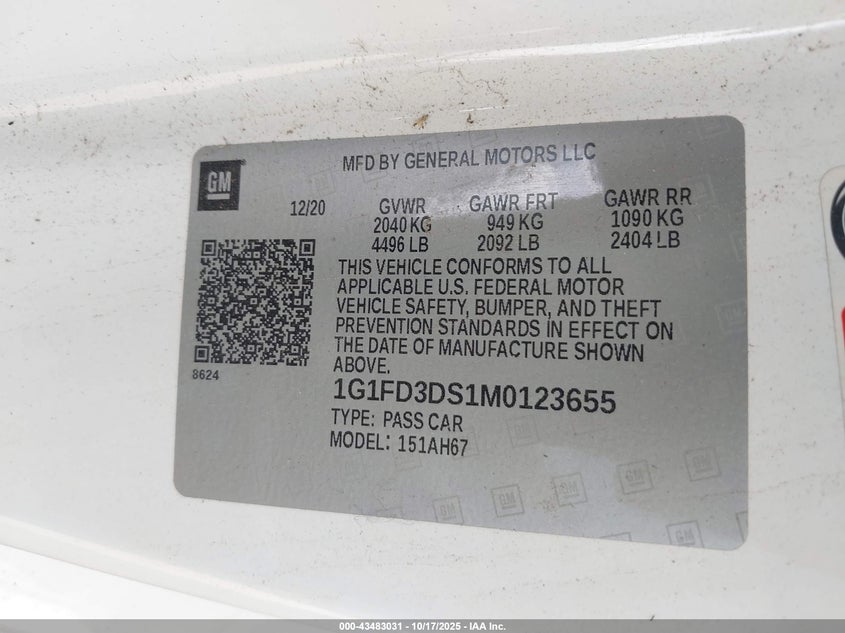 2021 CHEVROLET CAMARO 3.6L V-6 DI, DOHC, V(VIN: 1G1FD3DS1M0123655