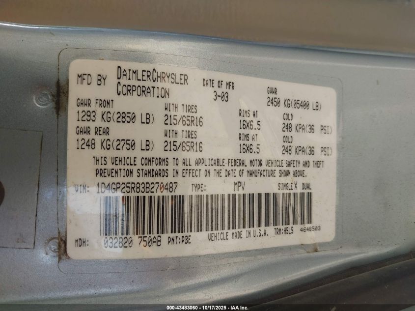 2003 Dodge Caravan Se VIN: 1D4GP25R83B270487 Lot: 43483060