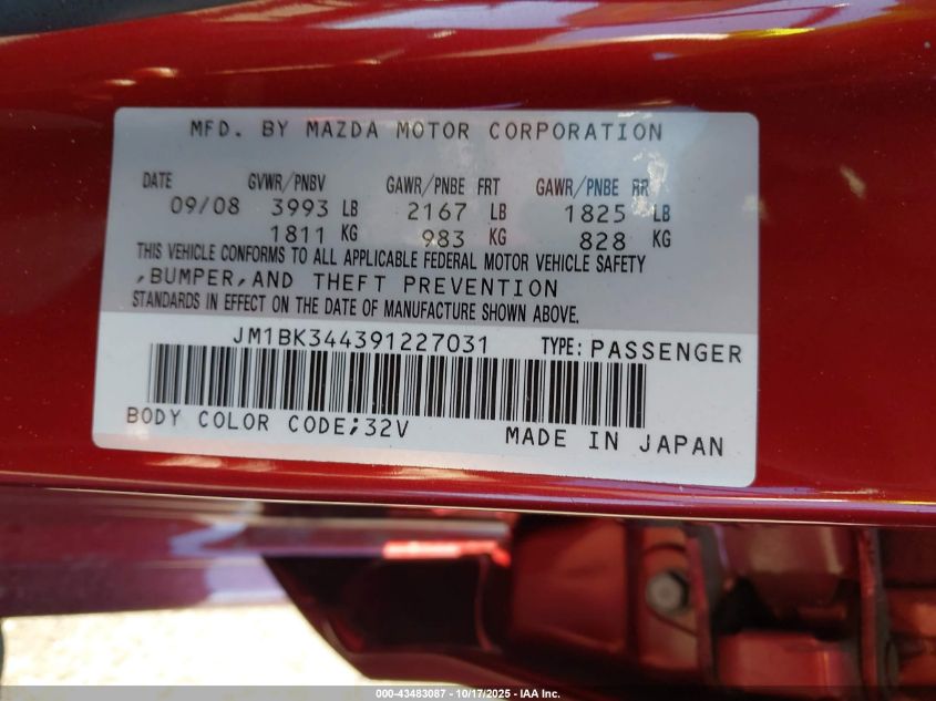 2009 Mazda Mazda3 S Sport VIN: JM1BK344391227031 Lot: 43483087