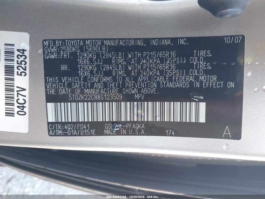 5TDZK22C88S123509 2008 TOYOTA SIENNA photo no. 9