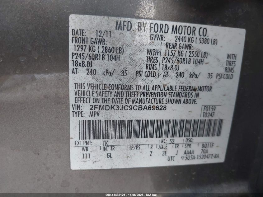 2012 Ford Edge Sel VIN: 2FMDK3JC9CBA69628 Lot: 43483121