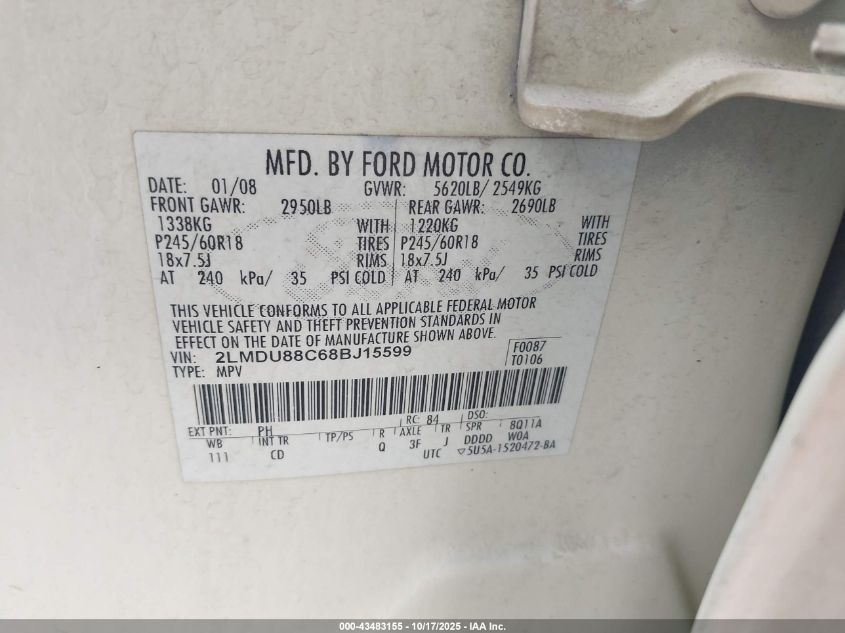 2008 Lincoln Mkx VIN: 2LMDU88C68BJ15599 Lot: 43483155