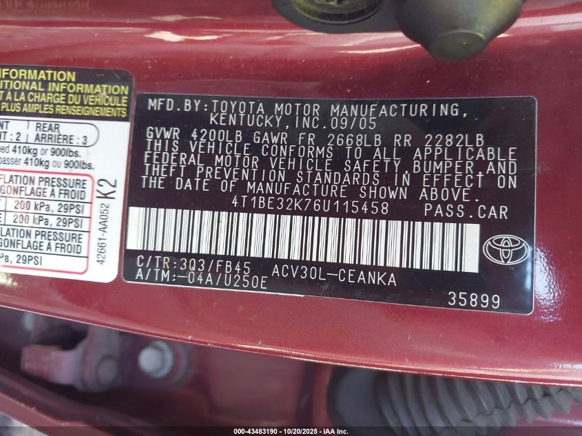 2006 Toyota Camry Le VIN: 4T1BE32K76U115458 Lot: 43483190