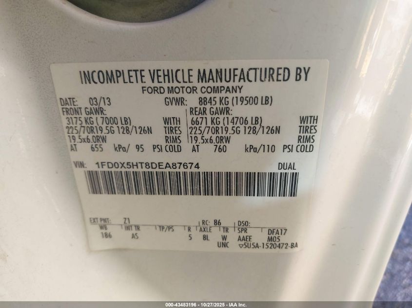 2013 Ford F-550 Chassis Xl VIN: 1FD0X5HT8DEA87674 Lot: 43483196