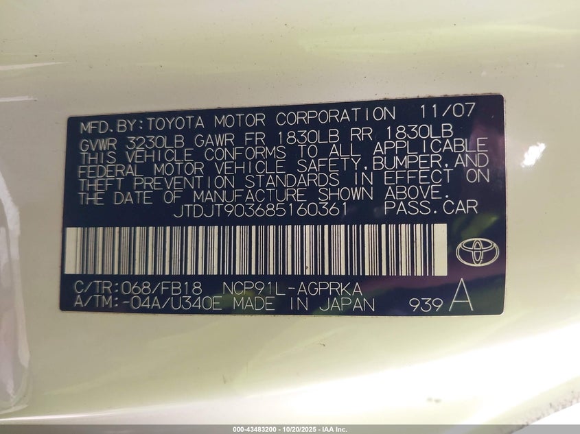 JTDJT903685160361 2008 TOYOTA YARIS photo no. 9