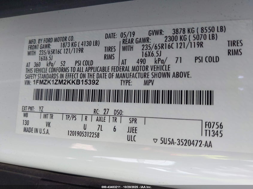 2019 FORD TRANSIT-150 XL 1FMZK1ZM2KKB15392