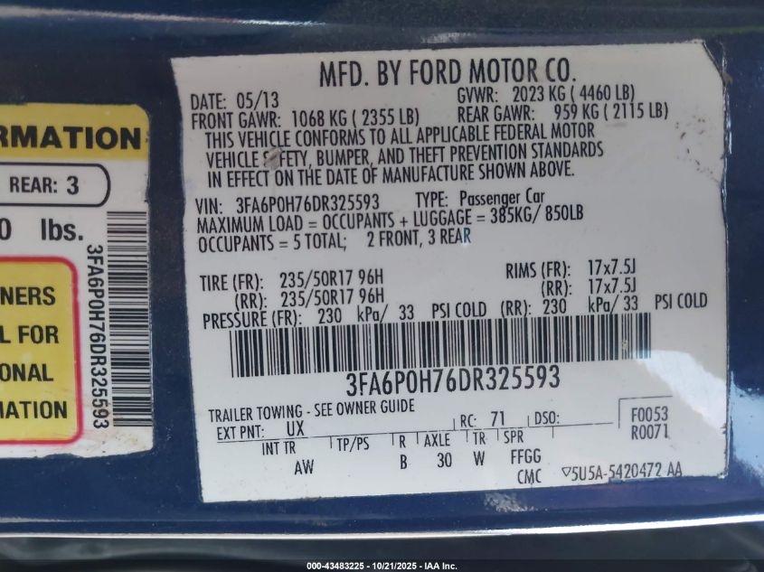 2013 Ford Fusion Se VIN: 3FA6P0H76DR325593 Lot: 43483225
