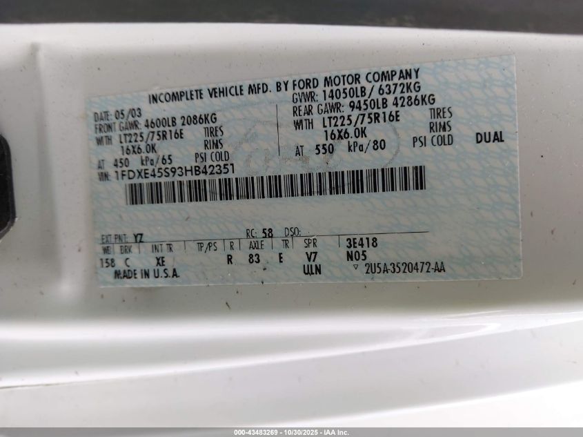 2003 Ford E-450 Cutaway Standard VIN: 1FDXE45S93HB42351 Lot: 43483269