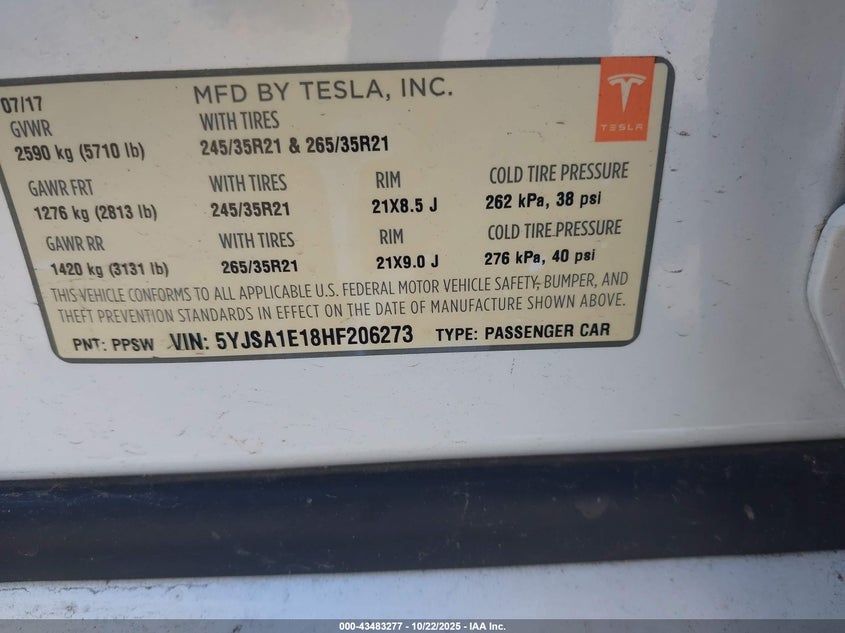 5YJSA1E18HF206273 2017 TESLA MODEL S photo no. 9