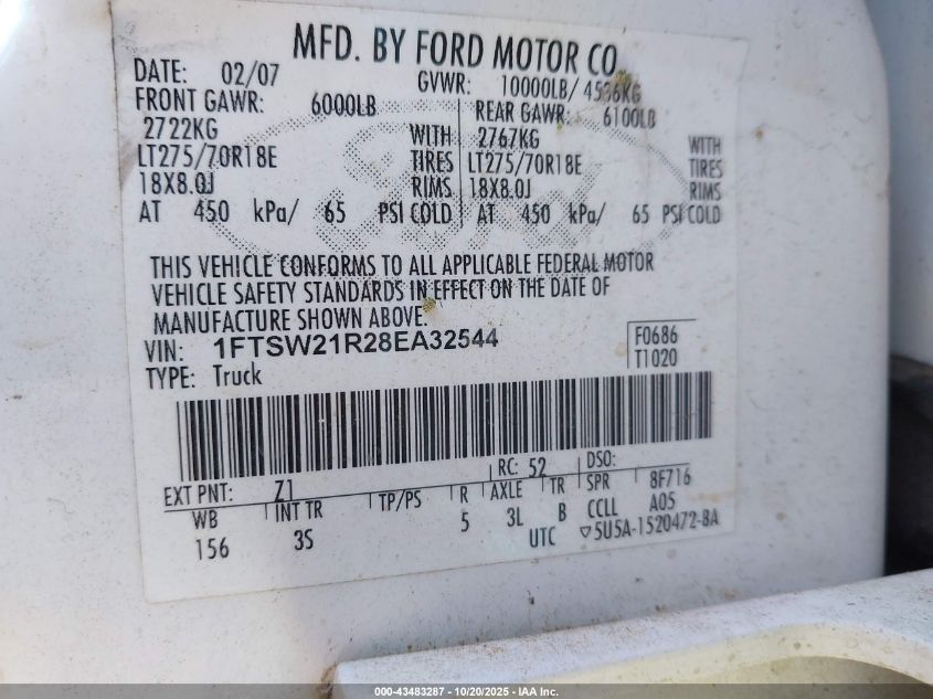 2008 Ford F-250 Fx4/Harley-Davidson/King Ranch/Lariat/Xl/Xlt VIN: 1FTSW21R28EA32544 Lot: 43483287