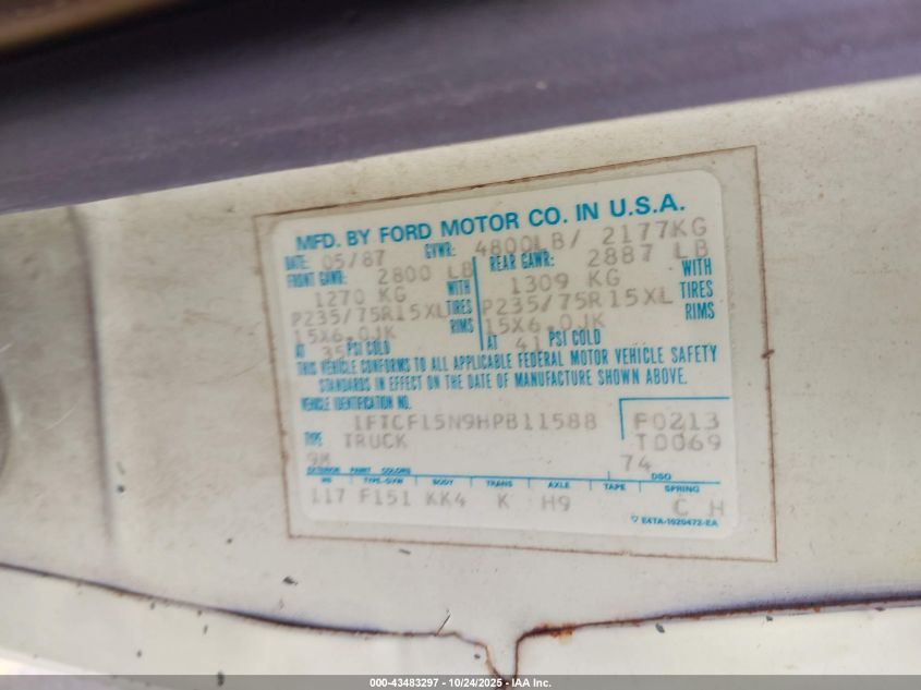 1987 Ford F150 VIN: 1FTCF15N9HPB11588 Lot: 43483297