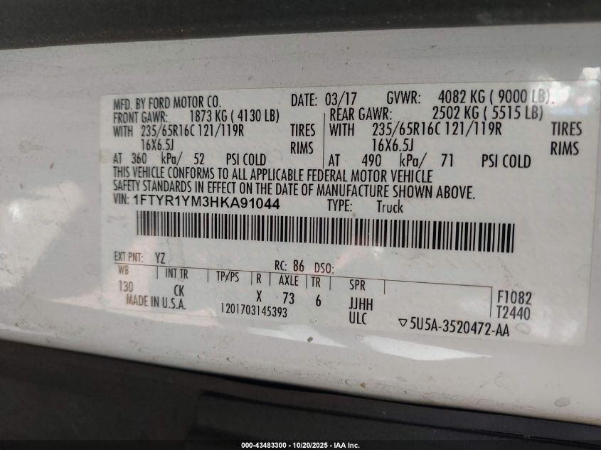 2017 Ford Transit-250 VIN: 1FTYR1YM3HKA91044 Lot: 43483300