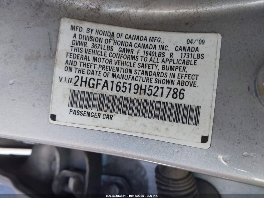 2009 Honda Civic Lx VIN: 2HGFA16519H521786 Lot: 43483321