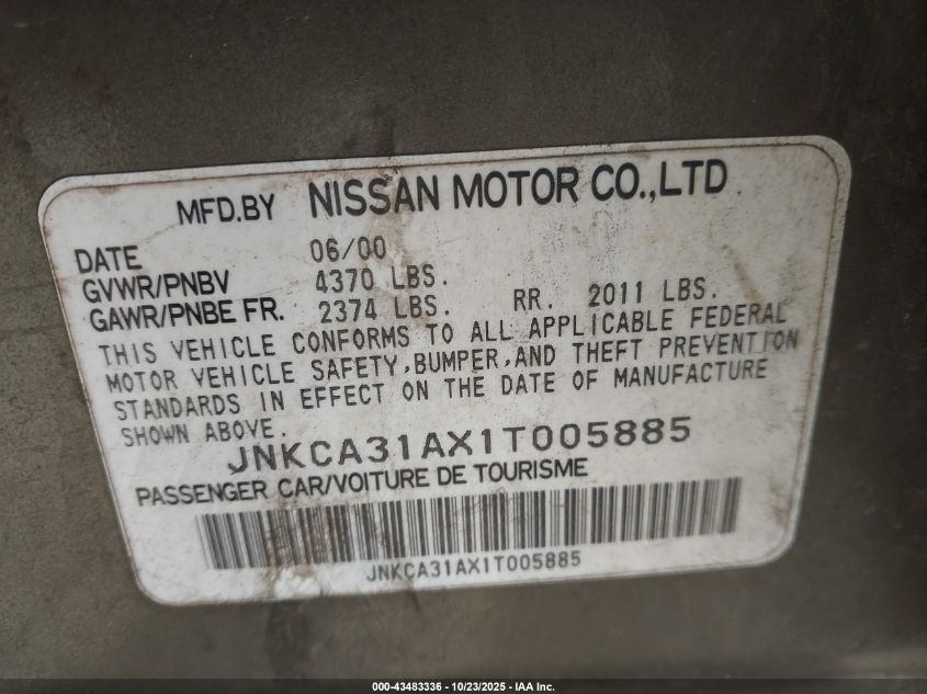 2001 Infiniti I30 Touring VIN: JNKCA31AX1T005885 Lot: 43483336