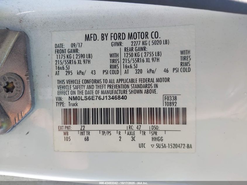 2018 Ford Transit Van VIN: NMOLS6E76J1346840 Lot: 43483342