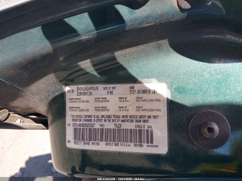 2002 Dodge Dakota Slt VIN: 1B7HL48N82S625237 Lot: 43483399