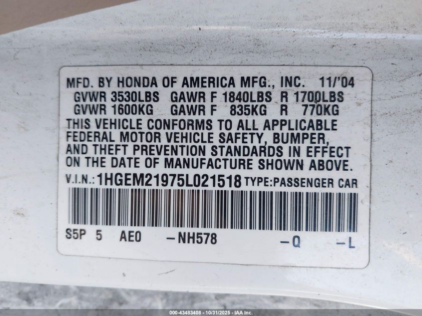 2005 Honda Civic Ex VIN: 1HGEM21975L021518 Lot: 43483408