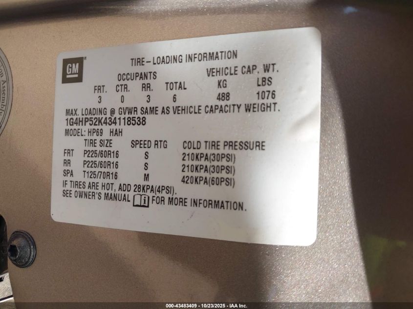 2003 Buick Lesabre Custom VIN: 1G4HP52K434118538 Lot: 43483409