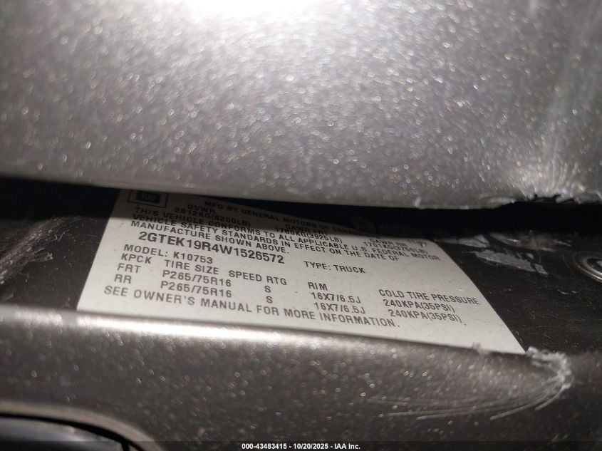 1998 GMC Sierra 1500 Sl Wideside VIN: 2GTEK19R4W1526572 Lot: 43483415