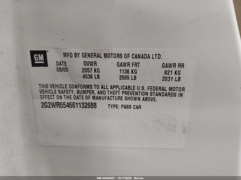 2006 Pontiac Grand Prix Gt VIN: 2G2WR554661132688 Lot: 43483427