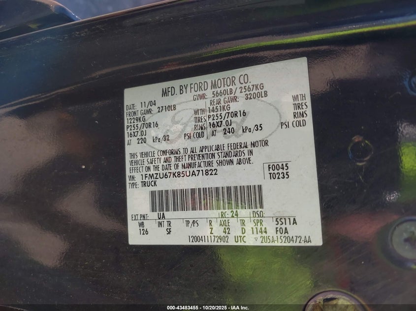 2005 Ford Explorer Sport Trac Adrenalin/Xls/Xlt VIN: 1FMZU67K85UA71822 Lot: 43483455