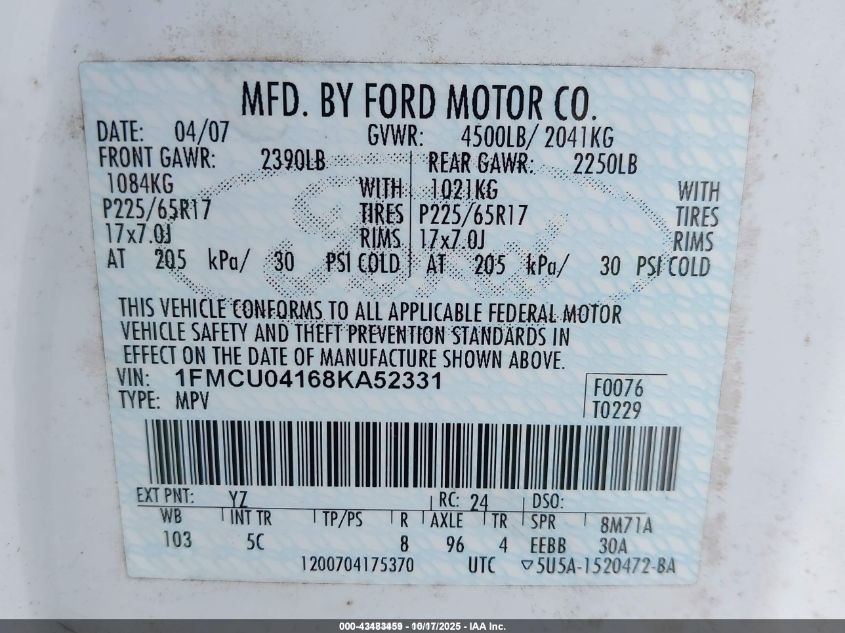 2008 Ford Escape Limited VIN: 1FMCU04168KA52331 Lot: 43483459