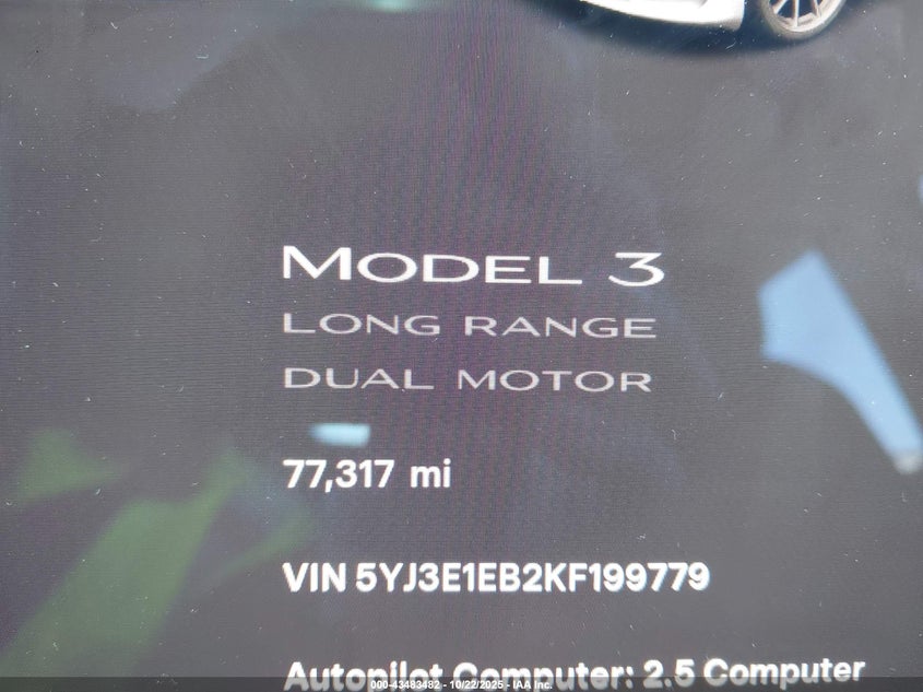 VIN 5YJ3E1EB2KF199779 2019 TESLA MODEL 3 LONG RANGE/PERFORMANCE