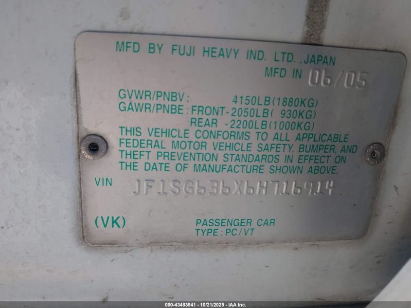 2006 Subaru Forester 2.5X VIN: JF1SG636X6H716914 Lot: 43483541