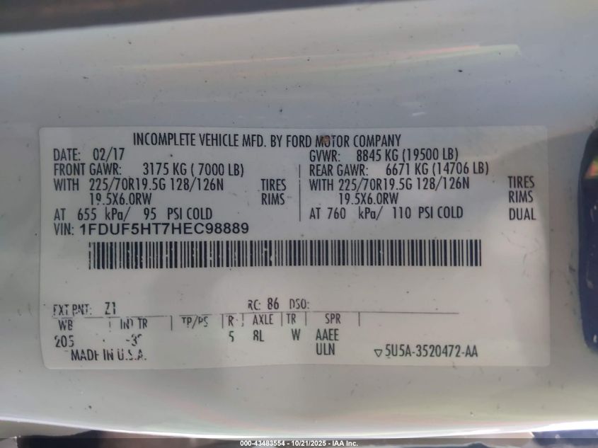 2017 Ford F-550 Chassis Xlt VIN: 1FDUF5HT7HEC98889 Lot: 43483554